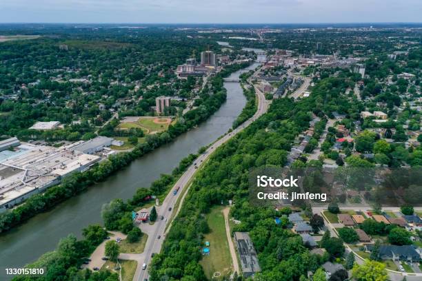 Aerial Grand River And Cityscape In Galt Cambridge Ontario Canada Stock Photo - Download Image Now
