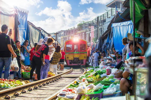 Samut Songkhram, Thailand - April 3, 2019 :Maeklong railway market or Mae Klong market