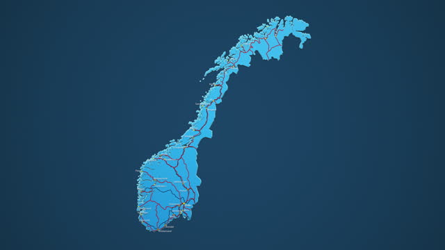 Light blue map of Norway with cities, roads and railways on a dark blue background.