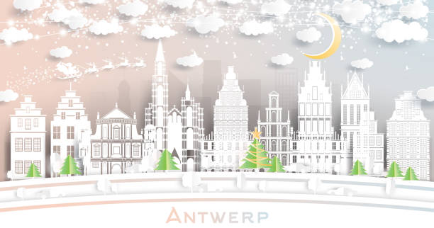ilustrações de stock, clip art, desenhos animados e ícones de antwerp belgium city skyline in paper cut style with snowflakes, moon and neon garland. - antuerpia