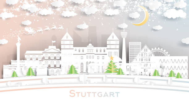 stuttgart deutschland city skyline im paper cut style mit schneeflocken, mond und neon girlande. - stuttgart stock-grafiken, -clipart, -cartoons und -symbole