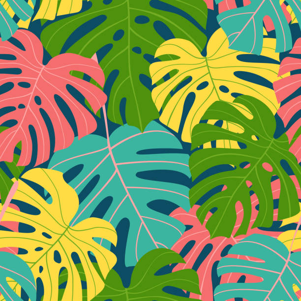 illustrazioni stock, clip art, cartoni animati e icone di tendenza di colorato motivo senza cuciture di foglie tropicali su uno sfondo scuro. foglie esotiche di monstera multicolori. illustrazione vettoriale - plant color