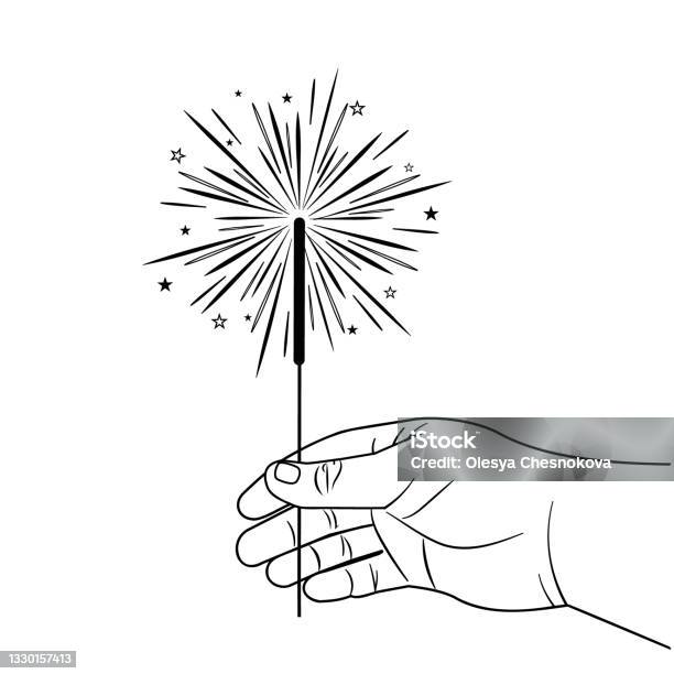 Sparkler In Hand Black Outline Isolated On A White Background Vector Illustration Stock Illustration - Download Image Now