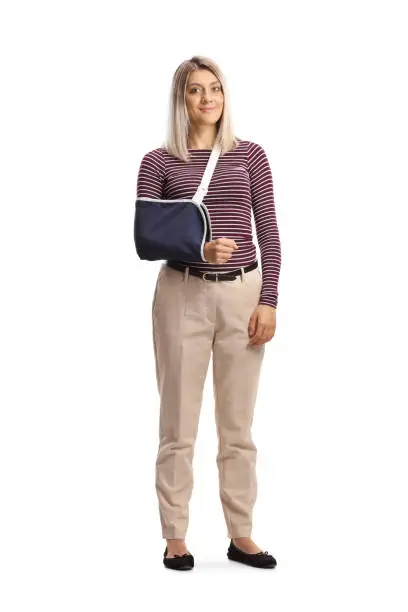 Full length portrait of a young woman with a broken arm wearing an arm splint isolated on white background