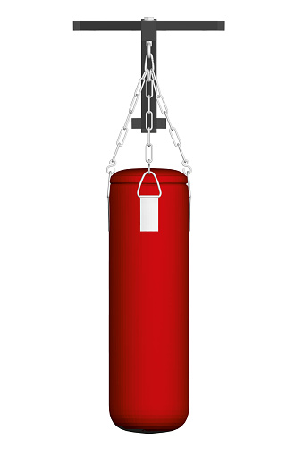 Red punching bag hanging on chains attached to fasteners isolated on white background. 3D. Front view. Vector illustration.