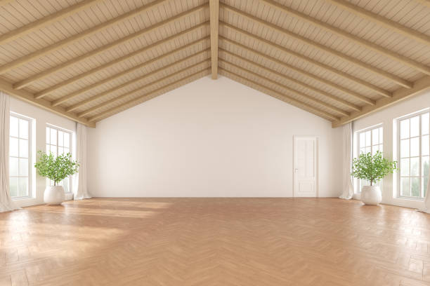 istock 3d rendering of empty minimal room with wooden laminate floor. Modern interior design with window shadow on the white wall. 1330159522