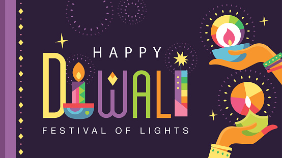 Happy Diwali Hindu festival poster with 2 Indian women's hand holding oil lamp and typography design.