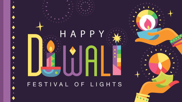 Happy Diwali Happy Diwali Hindu festival poster with 2 Indian women's hand holding oil lamp and typography design. deepavali stock illustrations