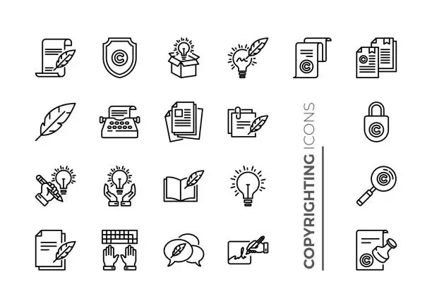 Vector illustration of Simple Set of Copyrighting Related Vector Line Icons. Contains such Icons as Typing Machine, Signature, Creative Process and more.