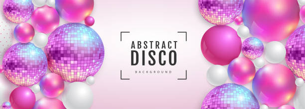 3D abstract background with holographic pink spheres and disco ball spheres. Disco ball background. Disco party poster. Vector illustration 3D abstract background with holographic pink spheres and disco ball spheres. Disco ball background. Disco party poster. Vector illustration disco ball stock illustrations