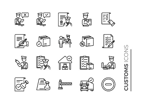 Simple Set of Customs Related Vector Line Icons. Contains such Icons as Declaration, Passport Control, Approve Stamp and more.