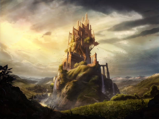 cyfrowy ilustrowany marzycielski zamek pałac wieża twierdza w krajobraz królestwa przyrody - fantazja stock illustrations