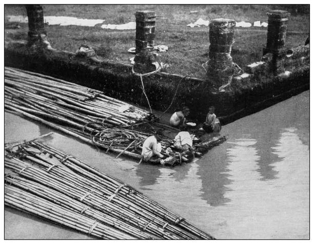 istock Antique black and white photograph: Bamboo Rafts on Pasig River, Philippines 1330165709