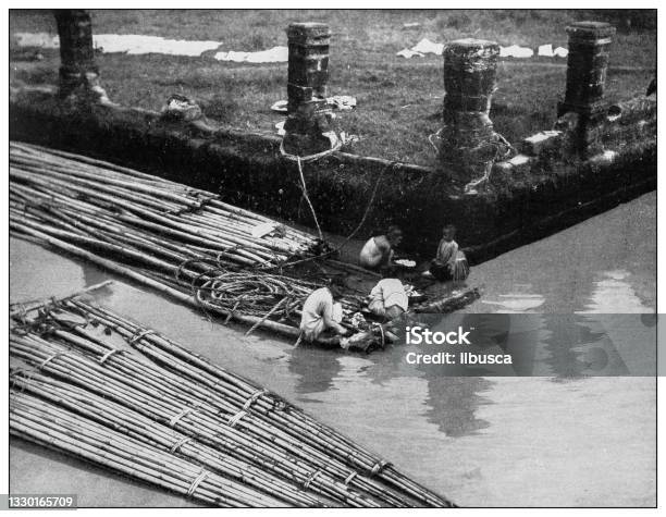 Antique Black And White Photograph Bamboo Rafts On Pasig River Philippines Stock Illustration - Download Image Now