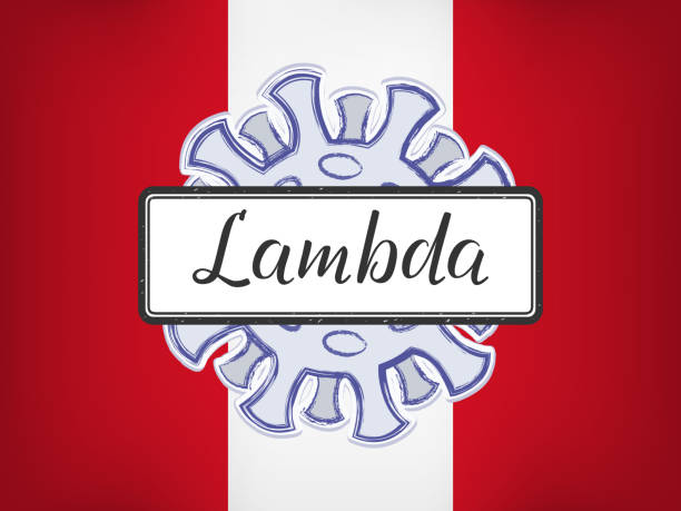 Lambda is handwritten lettering on the sign on the background of the coronavirus. Peru flag in the background, the country where this mutation was first found. WHO label for lineage C.37, named after the letters of the Greek alphabet. A variant of interest. naming organic compounds stock illustrations