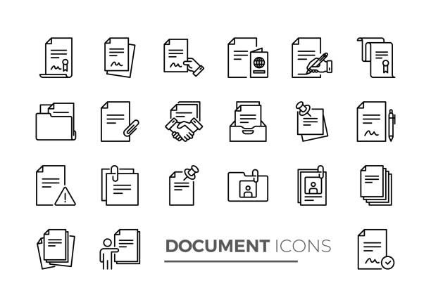 ilustraciones, imágenes clip art, dibujos animados e iconos de stock de conjunto simple de iconos de línea vectorial relacionados con documentos. contiene iconos como contrato, pasaporte, páginas en blanco y más. - acuerdo