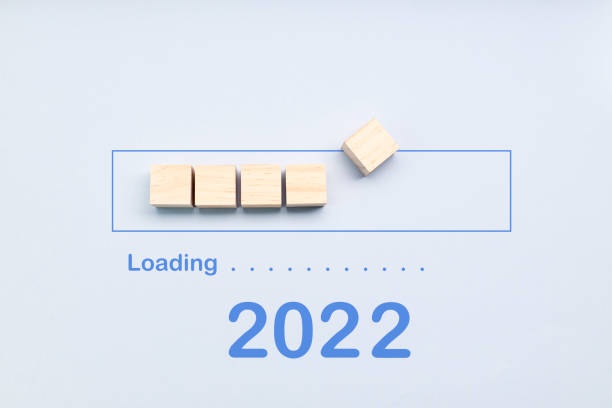 istock Loading 2022 year on cubes on a blue background. New Year concept. Start concept 1330166806
