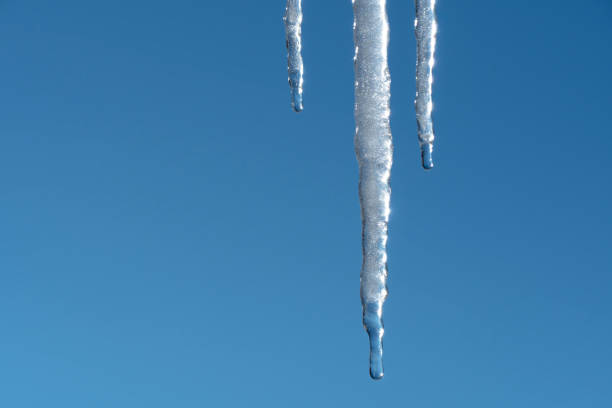 Icicle photographed against the sky. Long icicle with selective focus. Winter. Frosty weather. Frozen icicles in winter, close-up