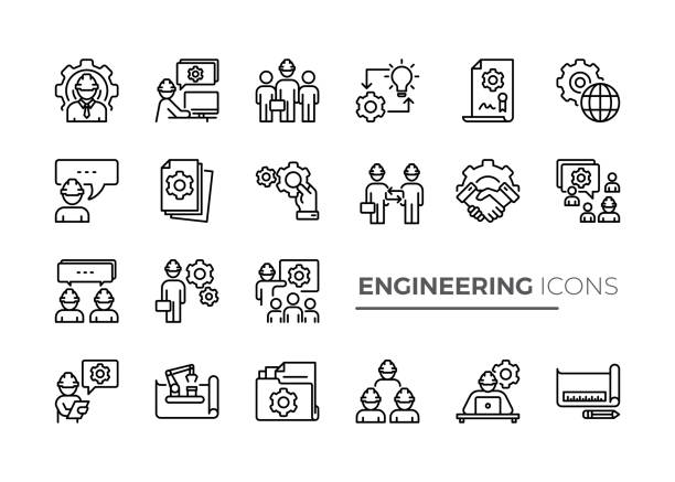 간단한 엔지니어링 사람들 관련 벡터 라인 아이콘 집합입니다. 팀워크, 기술 프레젠테이션, 커뮤니케이션 등과 같은 아이콘이 포함되어 있습니다. - engineering stock illustrations