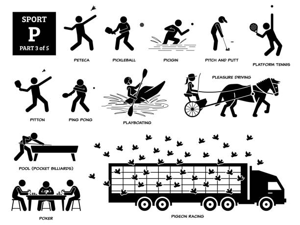 Sport games alphabet P vector icons pictogram. Peteca, pickleball, picigin, pitch and putt, platform tennis, pitton, ping pong, playboating, pleasure driving, pool, poker, and pigeon racing. pickleball stock illustrations