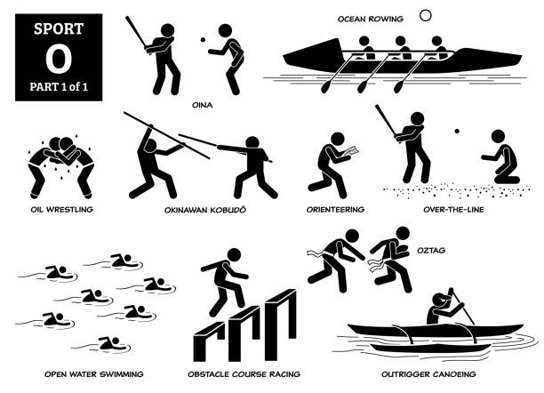 Sport games alphabet O vector icons pictogram. Oina, ocean rowing, oil wrestling, okinawan kobudo, orienteering, over the line, open water swimming, obstacle course racing, oztag, outrigger canoeing. outrigger stock illustrations