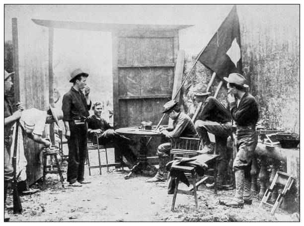 istock Antique black and white photograph: Field telegraph station, Philippines 1330173419