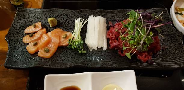 istock salmon and raw meat on the plate 1330176584
