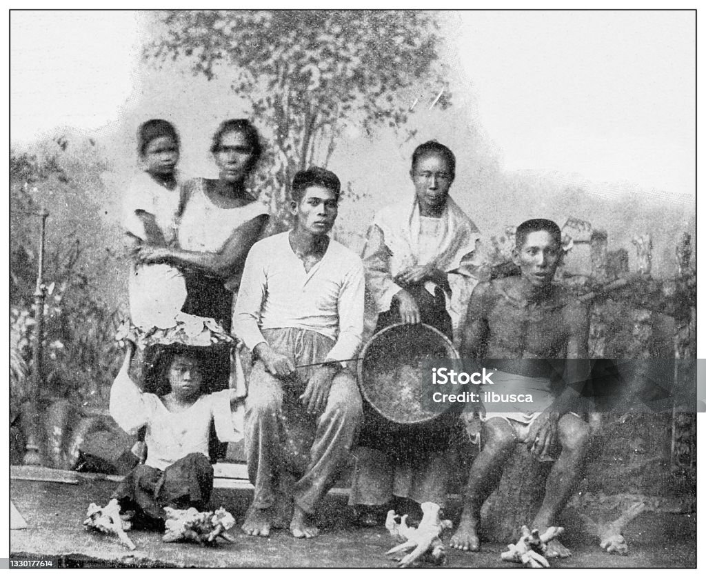 Antique black and white photograph: Visayans of Mindanao, Philippines Antique black and white photograph of people from islands in the Caribbean and in the Pacific Ocean; Cuba, Hawaii, Philippines and others: Visayans of Mindanao, Philippines Filipino Culture stock illustration