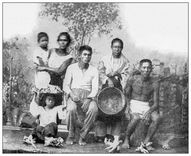 Antique black and white photograph: Visayans of Mindanao, Philippines Antique black and white photograph of people from islands in the Caribbean and in the Pacific Ocean; Cuba, Hawaii, Philippines and others: Visayans of Mindanao, Philippines filipino ethnicity photos stock illustrations