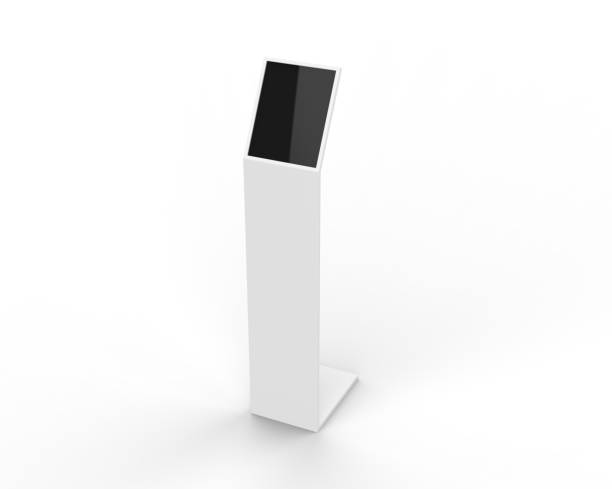 istock Acrylic information show electronic display floor stand for branding, 3d illustration 1330180865