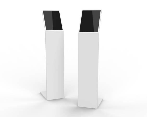 istock Acrylic information show electronic display floor stand for branding, 3d illustration 1330180877