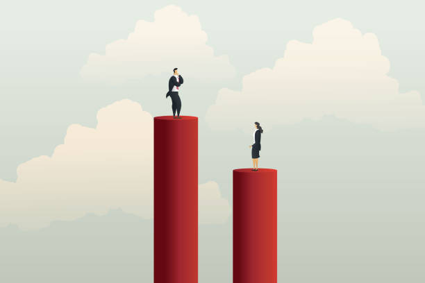 istock Businessman and businesswoman stand on different sides 1330187306