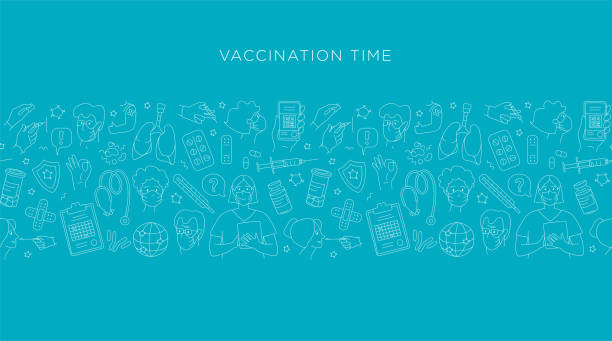 Time for vaccination. Patients at the doctor in the hospital are vaccinated Young adult seniors Patients at the doctor in the hospital are vaccinated. Time for vaccination. Vector illustration doodles seamless pattern border frame background, thin line art sketch style concept doctor borders stock illustrations