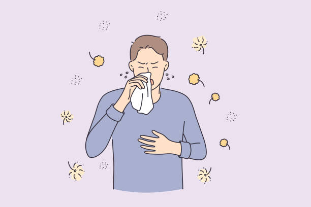 Allergy reaction, medicine and healthcare concept Allergy reaction, medicine and healthcare concept. Man cartoon character having pollen allergy with Runny nose and watery eye vector illustration pollen stock illustrations