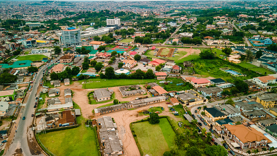 Cityscape, transport system and skyline of Abeokuta, Ogun state showing the residential area of the developing town in southwest Nigeria.