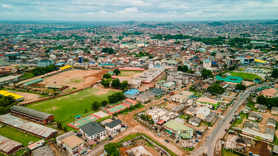Cityscape, transport system and skyline of Abeokuta, Ogun state showing the residential area of the developing town in southwest Nigeria.