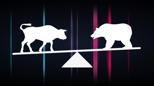 Wallstreet bull and bear market concept animation 3D stock video. Stock market up and down, finance risk trend investment business and money losing moving economic data