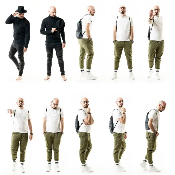 Collage of stylish nerdy males people with negative sad feeling and emotions and various gestures. Full body people isolated on white background