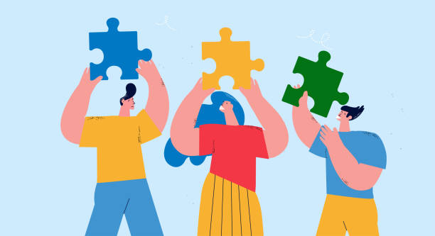 Teamwork and team building, corporate organization and partnership, problem solving, creative solution, innovative business approach, brainstorming, unique ideas and skills flat vector illustration vector art illustration