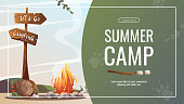 istock Promo flyer with Campsite with campfire, log and guidepost. Camping, traveling, trip, hiking, camper, nature, journey concept 1330197628
