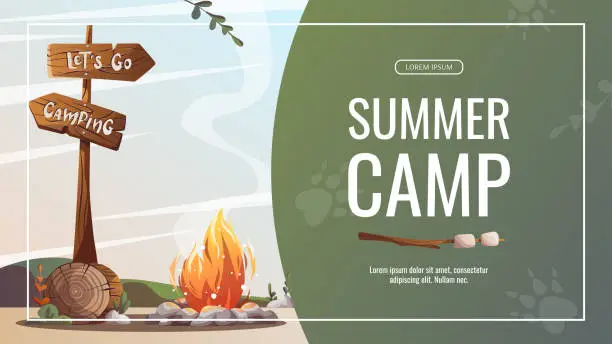 Vector illustration of Promo flyer with Campsite with campfire, log and guidepost. Camping, traveling, trip, hiking, camper, nature, journey concept