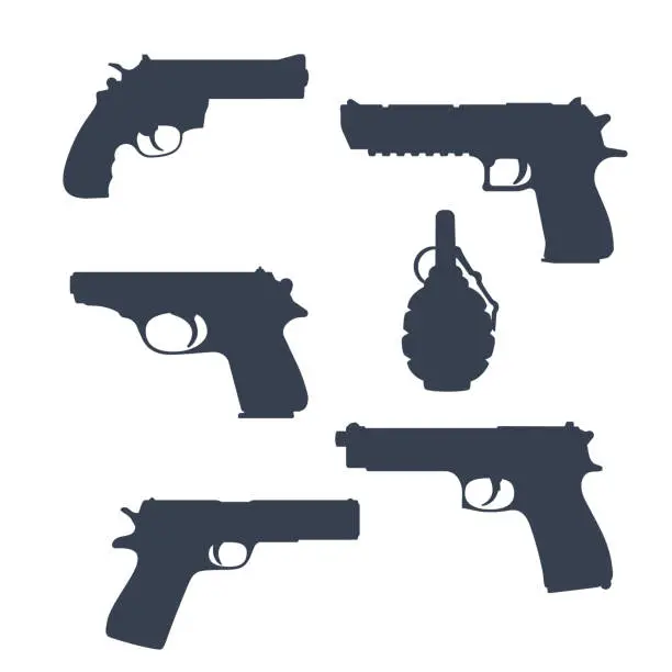 Vector illustration of revolver, pistols, gun, handguns, grenade silhouettes isolated on white