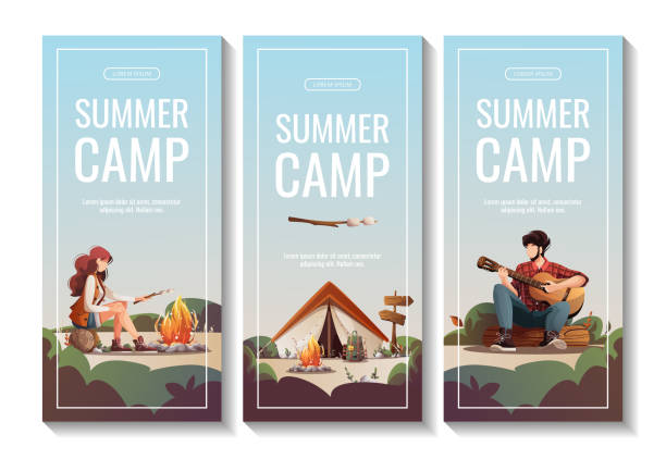 Set of promo flyers with campsite for summer camping, traveling, trip, hiking, camper, nature, journey, picnic. Set of promo flyers with campsite for summer camping, traveling, trip, hiking, camper, nature, journey, picnic. Vector illustration for poster, banner, flyer, cover, special offer, advertising. background of a camping stock illustrations
