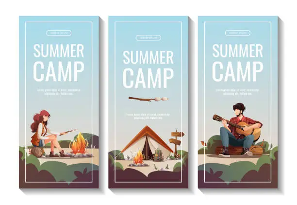 Vector illustration of Set of promo flyers with campsite for summer camping, traveling, trip, hiking, camper, nature, journey, picnic.
