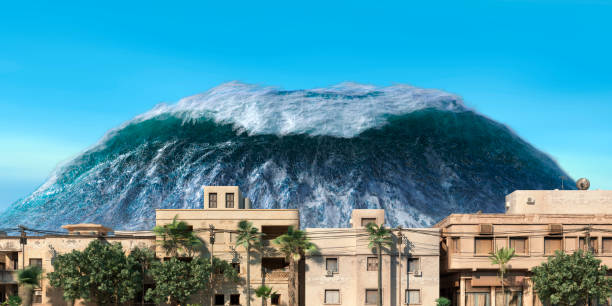 istock Tsunami wave apocalyptic water view urban flood Storm. 3D illustration 1330200381