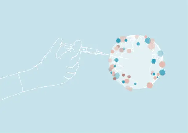 Vector illustration of A gloved hand putting on a vaccine. Vaccine for all