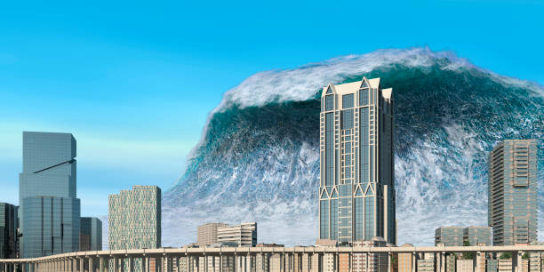 istock Tsunami wave apocalyptic water view urban flood Storm. 3D illustration 1330200455
