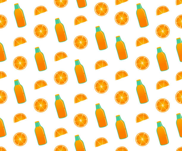 オレンジスライスとオレンジジュースボトルシームレスパターン - packaging horizontal non alcoholic beverage orange juice点のイラスト素材／クリップアート素材／マンガ素材／アイコン素材
