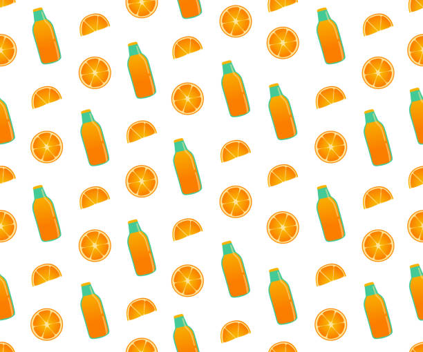 ilustrações, clipart, desenhos animados e ícones de fatias de laranja e garrafa de suco de laranja padrão perfeito - packaging horizontal non alcoholic beverage orange juice