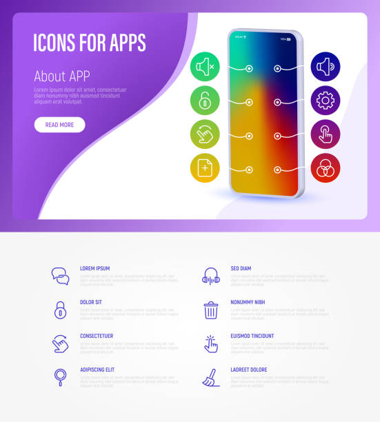 モバイルアプリ開発用インフォグラフィックス。細線のアイコン:メッセンジャー、サウンドオフ、サウンドオン、音楽、ロック解除、設定、削除、スワイプ、クリック、タップ、検索、新し - music video image development点のイラスト素材／クリップアート素材／マンガ素材／アイコン素材
